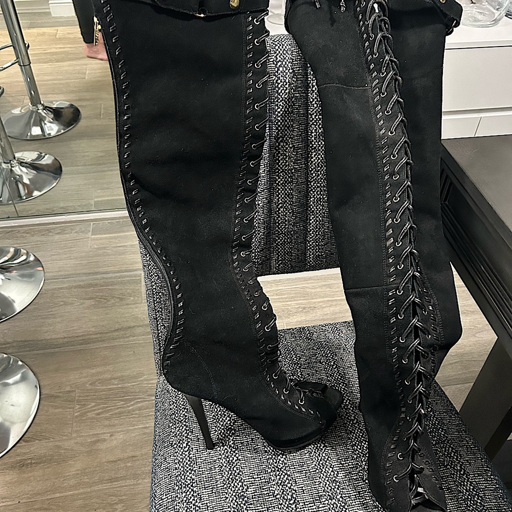 Colin Stuart leather over the knee peep toe high heel lace up boots